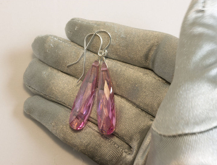 Sapphire Pink Earrings Cubic Zirconia Long Large Teardrops AAA CZ 14k solid Gold or Filled or Sterling Silver Bright Pink Simple 2 Inch Drop