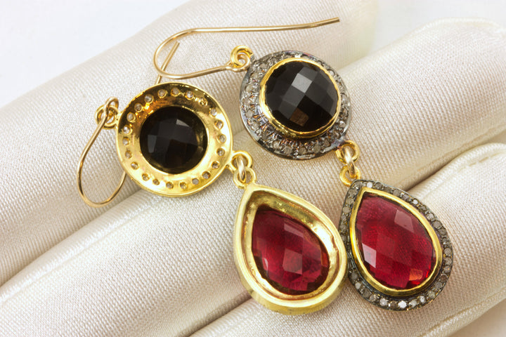 Pink Sim Sapphire Black Onyx Earrings Double Hung Natural Pave Champagne Diamonds 14k Yellow Gold and black Rhodium Plate  2 Inch Drops