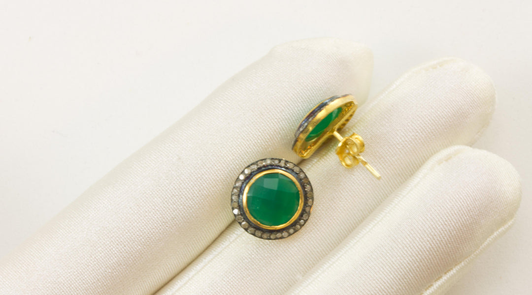 Green Onyx Earrings  Natural Pave Champagne Diamonds 14k Yellow Gold over Sterling Silver black Rhodium Plate Round Post Stud Style