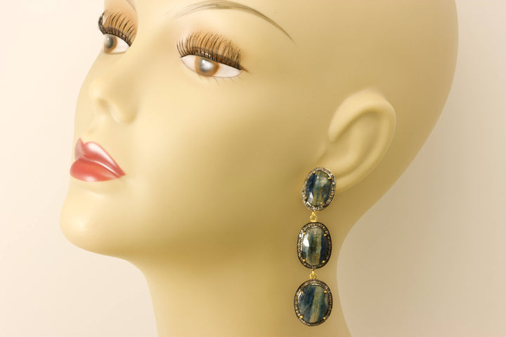 Blue Kyanite and Champagne Pave Diamond Earrings Triple Hung Long 3 Inch 14k Yellow Gold and Sterling Large Drops Post Stud Butterfly Style