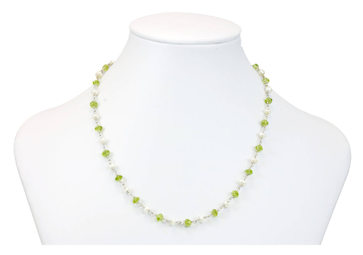 Peridot and Small Pearl  Necklace Sterling Silver or 14k gold filled Freshwater Cultured Pearls Spaced Chain Link Faceted  18 19 Inches