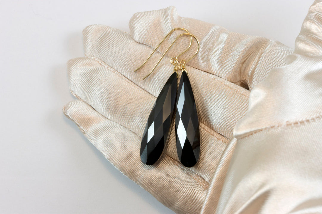 Cubic Zirconia Earrings Simulated Black Diamond Long Large Teardrop AAA CZ 14k Solid Gold or Filled or Sterling Silver Simple 2 Inch Drops