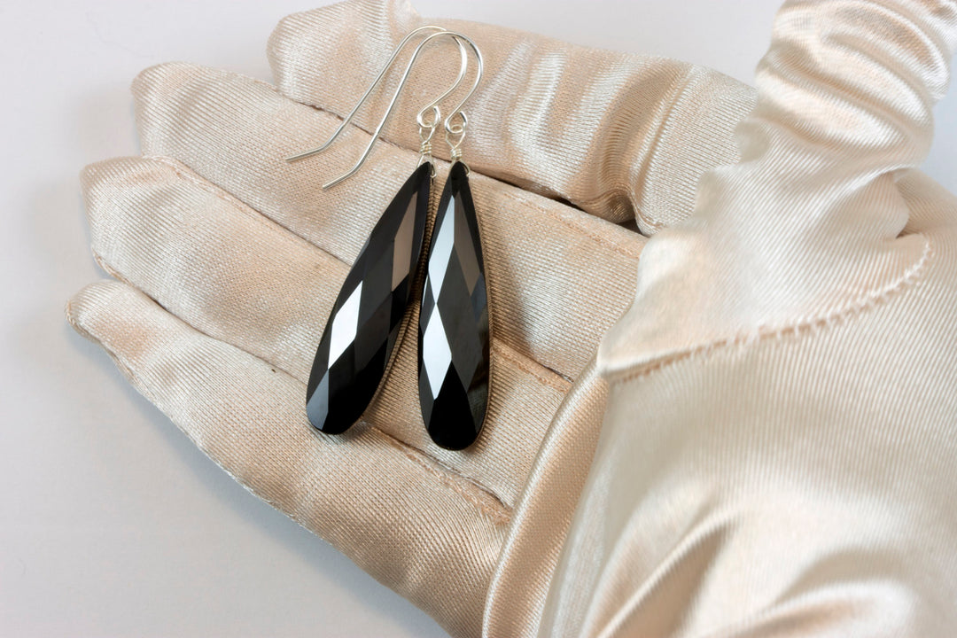 Cubic Zirconia Earrings Simulated Black Diamond Long Large Teardrop AAA CZ 14k Solid Gold or Filled or Sterling Silver Simple 2 Inch Drops