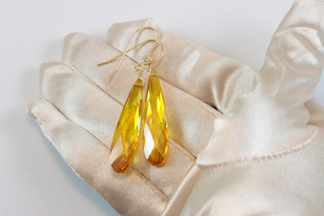 Cubic Zirconia Earrings Simulated Citrine Yellow Long Large Tear Drop  AAA CZ 14k Solid Gold or Filled or Sterling Silver Facet Simple 2 In