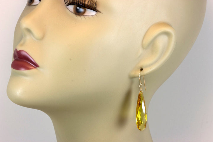 Cubic Zirconia Earrings Simulated Citrine Yellow Long Large Tear Drop  AAA CZ 14k Solid Gold or Filled or Sterling Silver Facet Simple 2 In