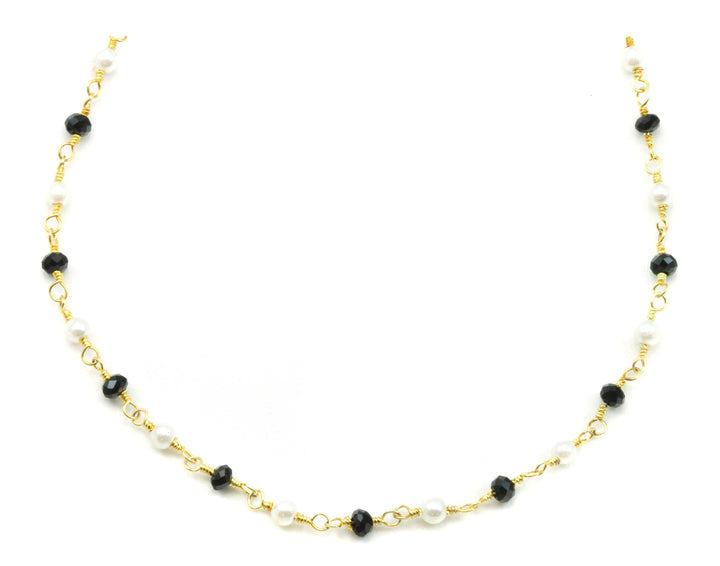 Simulated London Blue Topaz or Black Spinel Small Pearl Necklace Spaced Chain Link Crystal Faceted 14k Gold Fill and Plate 18 19 Inches