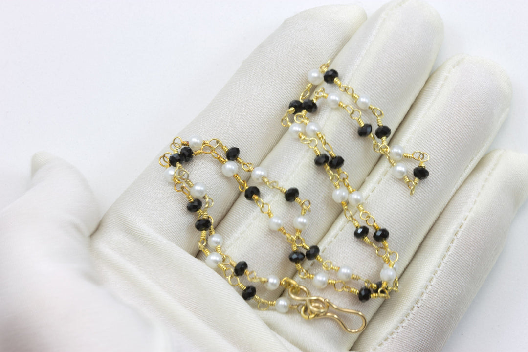 Simulated London Blue Topaz or Black Spinel Small Pearl Necklace Spaced Chain Link Crystal Faceted 14k Gold Fill and Plate 18 19 Inches