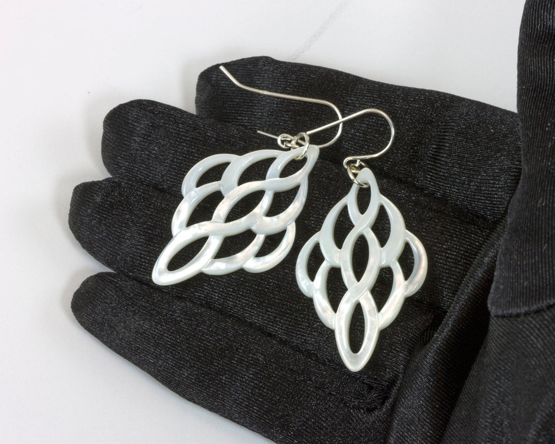 Mother of Pearl Earrings White Shell Carved Infinity Teardrop Natural 14k Gold Filled or Sterling Silver Large High Luster MOP Drops 2 Inch