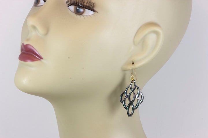 Mother of Pearl Earrings Peacock Black Shell Carved Infinity Teardrop Natural 14k Solid Gold or Filled or Sterling Silver Large MOP  2 Inch