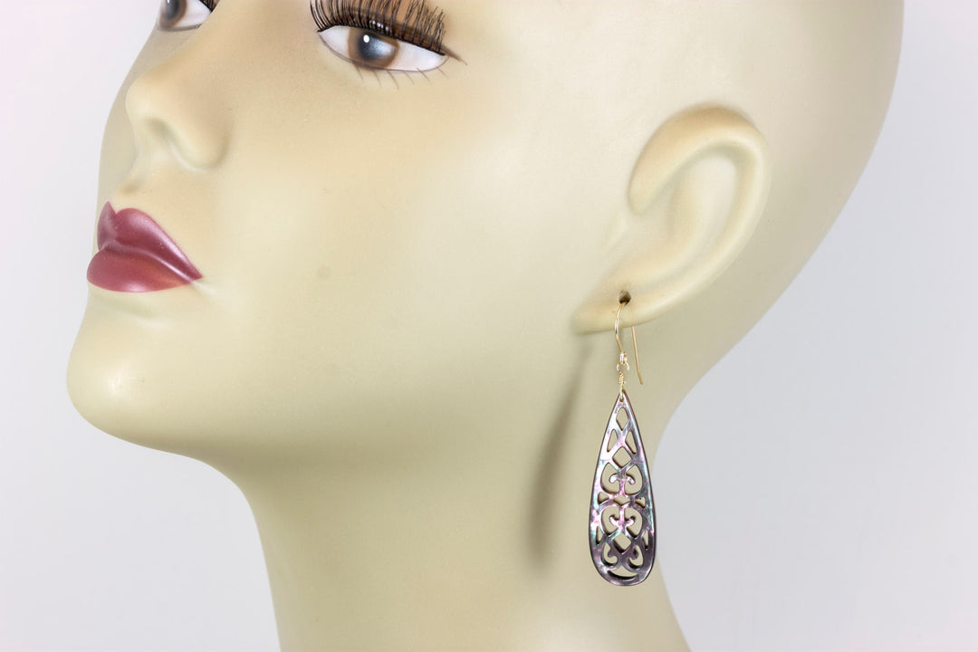 Mother of Pearl Earrings Peacock Black Shell Carved Relief Teardrop Natural 14k Solid Gold or Filled or Sterling Silver Large Luster MOP  2