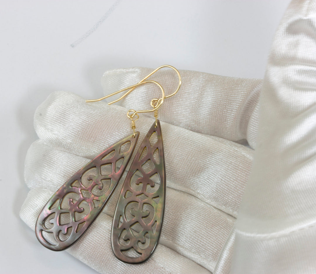 Mother of Pearl Earrings Peacock Black Shell Carved Relief Teardrop Natural 14k Solid Gold or Filled or Sterling Silver Large Luster MOP  2