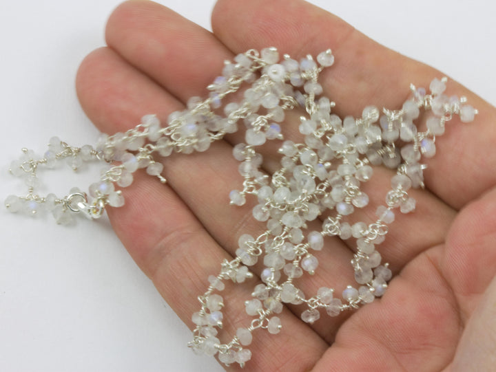 Moonstone Necklace Rainbow Blue White  14k Gold Filled or Sterling Silver Cluster Style Chain Link Faceted  18 19 Inches Simple Dainty