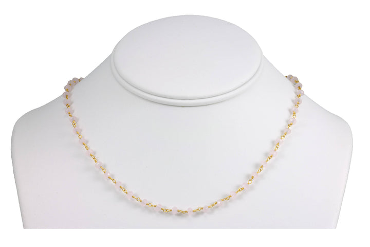 Pink Chalcedony Necklace Faceted Spaced Link Beaded 14k Yellow Gold Necklace 18 19 Inches soft pink Natural Small Simple Design
