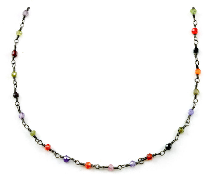 CZ Necklace Sterling Silver or Black Oxidized Chain Link Faceted 18 19 Inches Multicolors Multi Colors Cubic Zirconia - Spyglass Designs