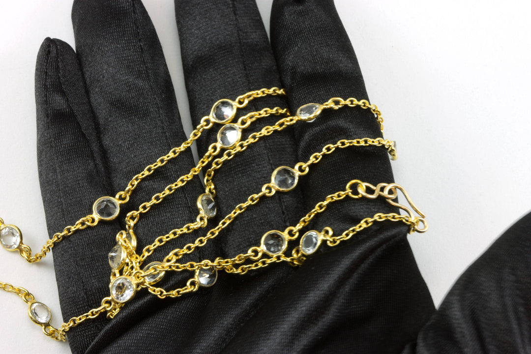 CZ Necklace 14k Gold Filled Chain Link Faceted 24 Inches Clear Cubic Zirconia Simulated Clear Topaz Bezel Setting Round Stones spaced