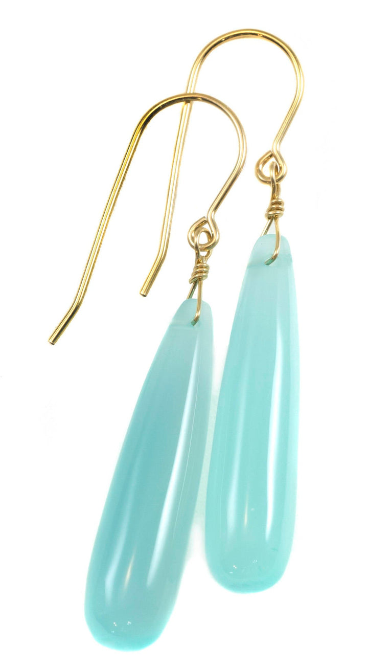 Aqua Blue Chalcedony Earrings Long Teardrop Shaped Smooth 14k Solid Gold or Filled or Sterling Silver Skinny Pale Soft Blue Natural Narrow 2