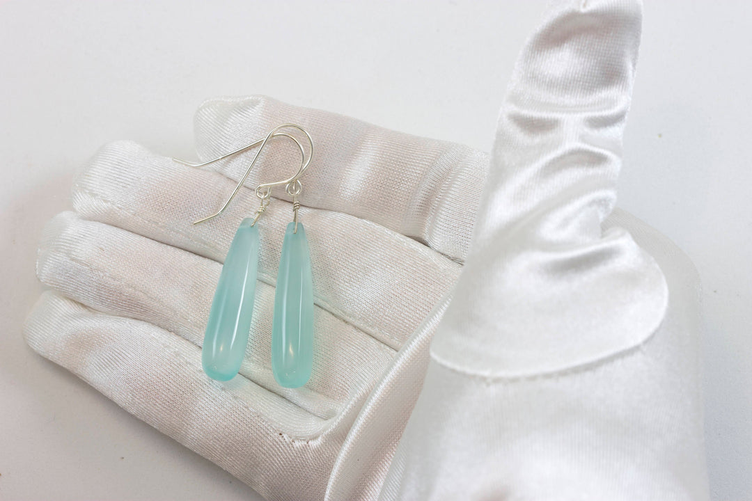 Aqua Blue Chalcedony Earrings Long Teardrop Shaped Smooth 14k Solid Gold or Filled or Sterling Silver Skinny Pale Soft Blue Natural Narrow 2