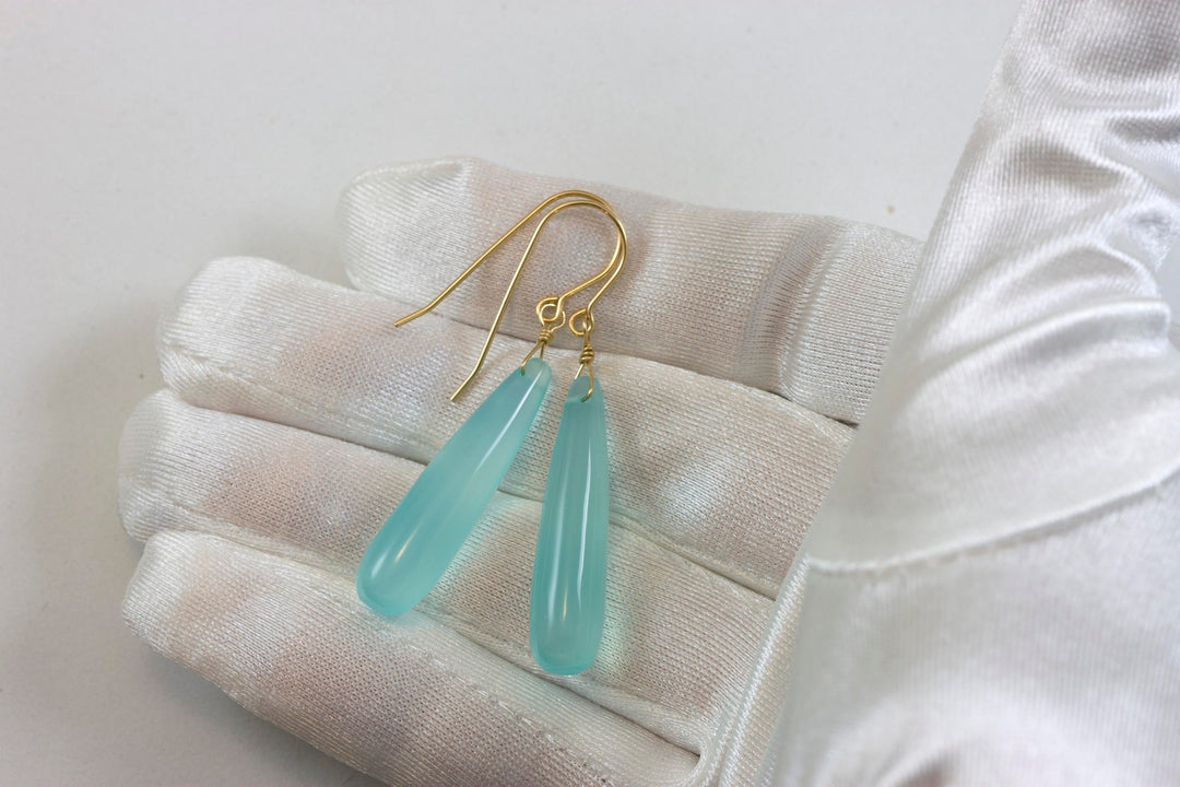 Aqua Blue Chalcedony Earrings Long Teardrop Shaped Smooth 14k Solid Gold or Filled or Sterling Silver Skinny Pale Soft Blue Natural Narrow 2