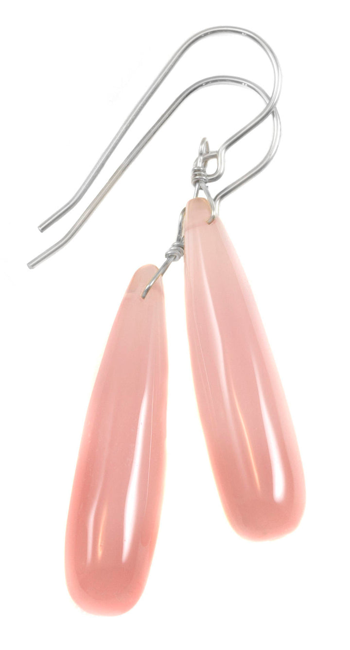 Pink Chalcedony Earrings Long Teardrop Smooth 14k Solid Gold or Filled orSterling Silver Skinny Pale Soft Pink Natural Drops Narrow 2 Inch