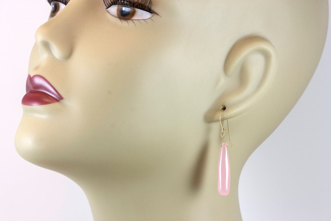 Pink Chalcedony Earrings Long Teardrop Smooth 14k Solid Gold or Filled orSterling Silver Skinny Pale Soft Pink Natural Drops Narrow 2 Inch