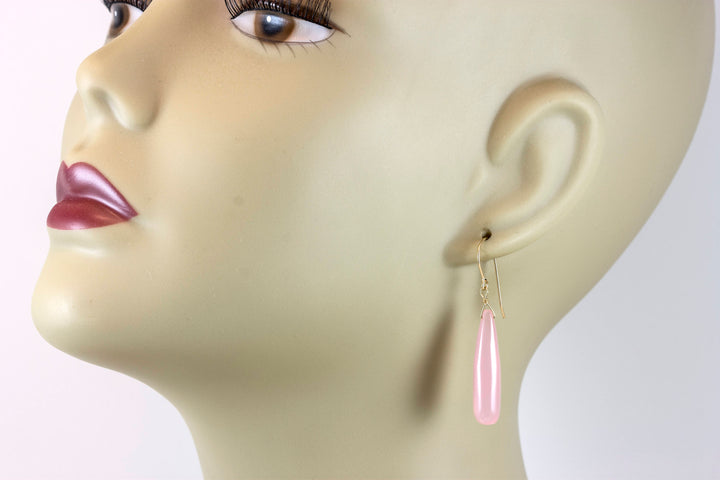 Pink Chalcedony Earrings Long Teardrop Smooth 14k Solid Gold or Filled orSterling Silver Skinny Pale Soft Pink Natural Drops Narrow 2 Inch