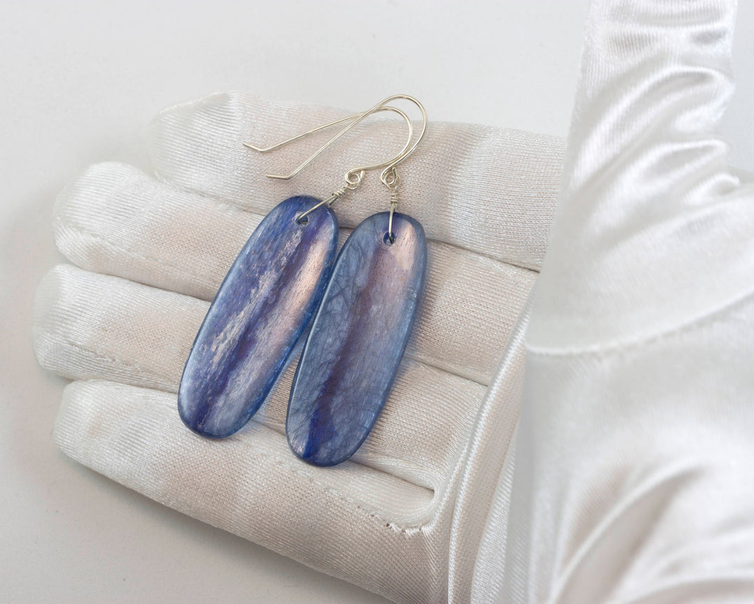 Blue Kyanite Earrings Natural Simple Smooth Rich blue Long Oval Teardrop 14k Solid Gold or Filled or Sterling Silver Large Drops 2 Inch