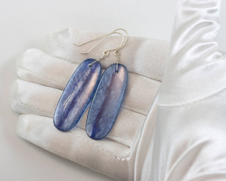 Blue Kyanite Earrings Natural Simple Smooth Rich blue Long Oval Teardrop 14k Solid Gold or Filled or Sterling Silver Large Drops 2 Inch