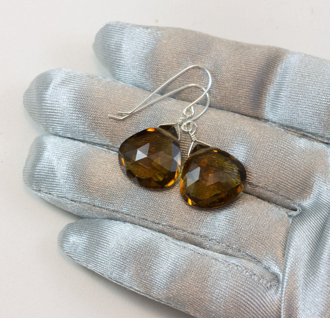 Whiskey Cognac Smoky Quartz Earrings Large Heart Sterling Silver or 14k Solid Gold or Yellow or Rose Filled Teardrop Natural Classic Drops