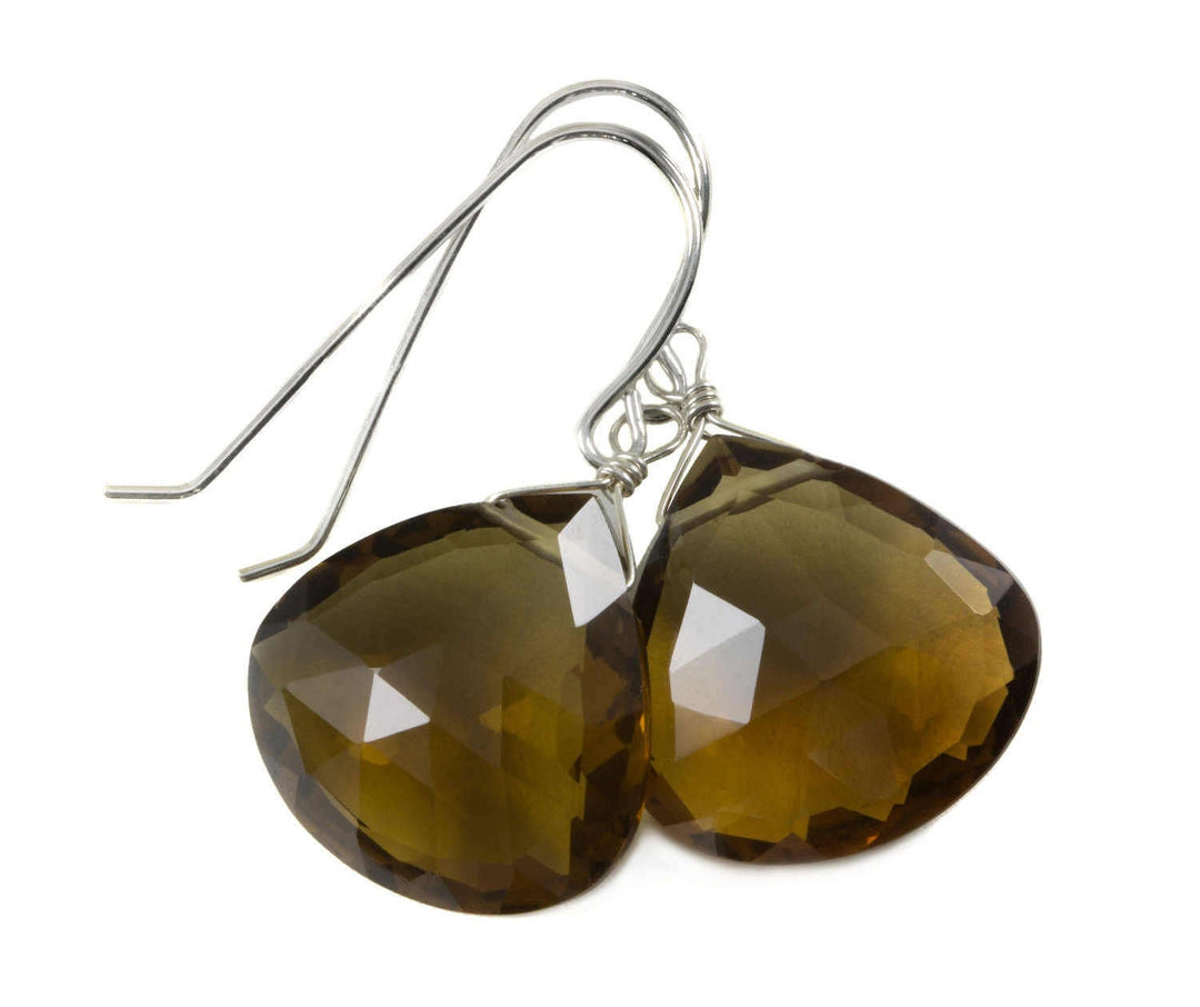 Whiskey Cognac Smoky Quartz Earrings Large Heart Sterling Silver or 14k Solid Gold or Yellow or Rose Filled Teardrop Natural Classic Drops
