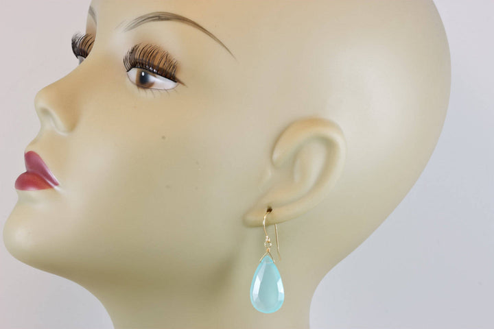 Aqua Blue Chalcedony Earrings 14k Solid Gold or Filled or Sterling Silver Teardrop Pear Shaped Faceted Soft Pale Blue  Long Large Drops