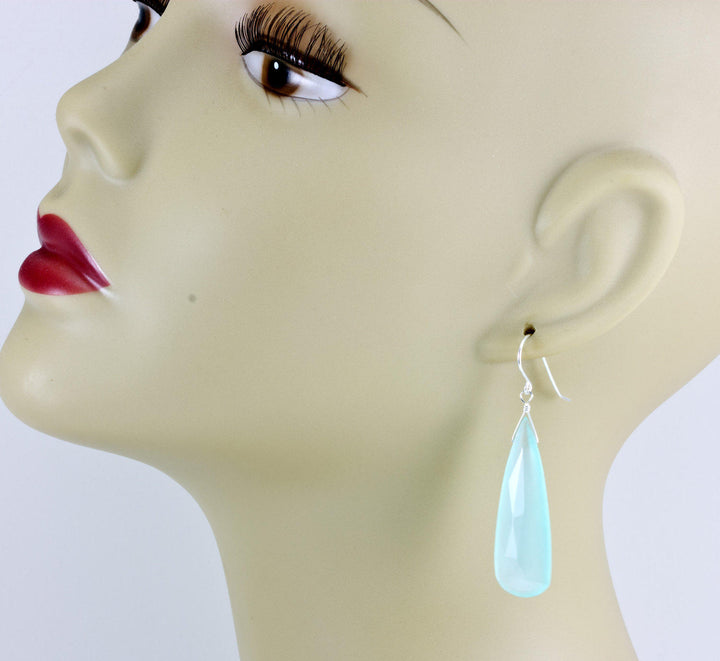 Blue Chalcedony Earrings Faceted Teardrop AAA Briolettes Sterling Silver 14k Solid Gold or 14k Gold Filled Large Long Soft Aqua Drops 2 Inch