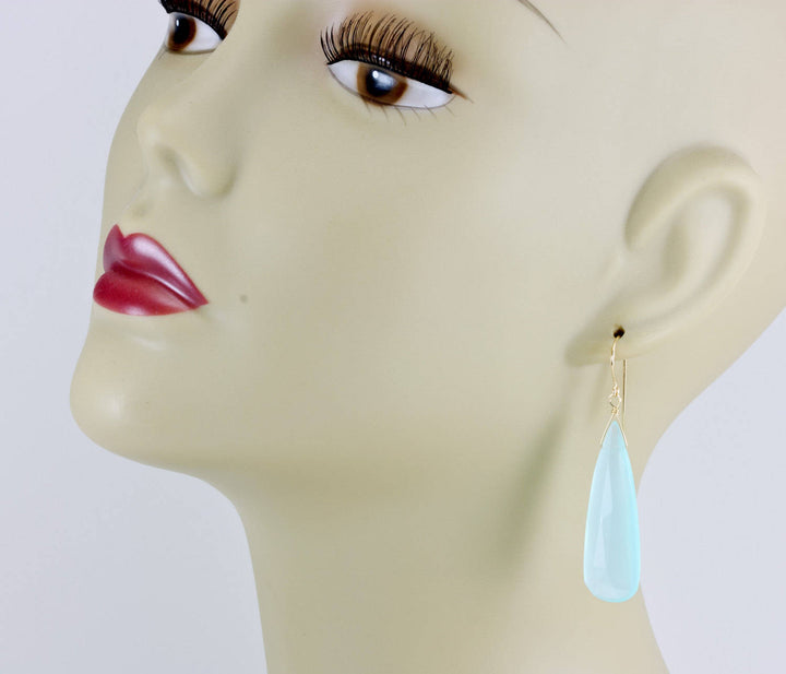 Blue Chalcedony Earrings Faceted Teardrop AAA Briolettes Sterling Silver 14k Solid Gold or 14k Gold Filled Large Long Soft Aqua Drops 2 Inch