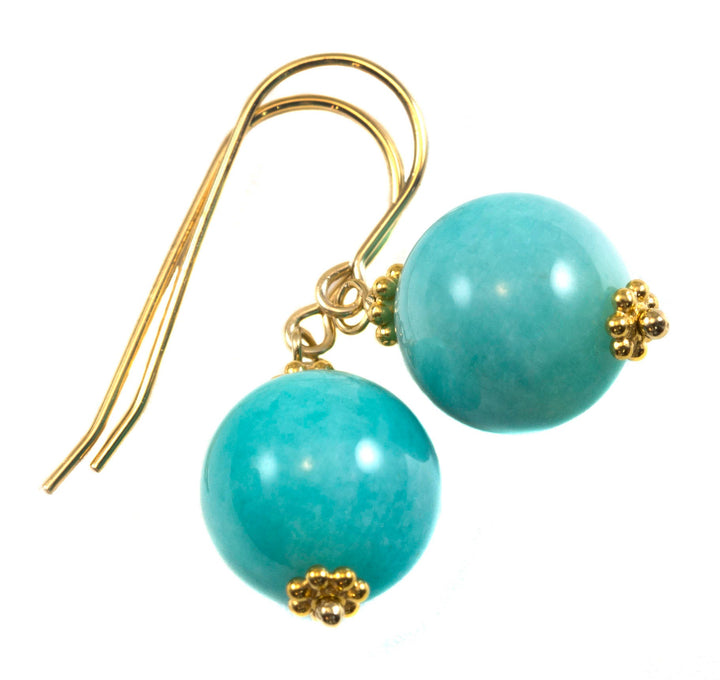Amazonite Earrings Blue Green Smooth Round Sterling Silver or 14k Solid Gold or Filled Natural Accents Simple Casual Wear Spyglass Designs
