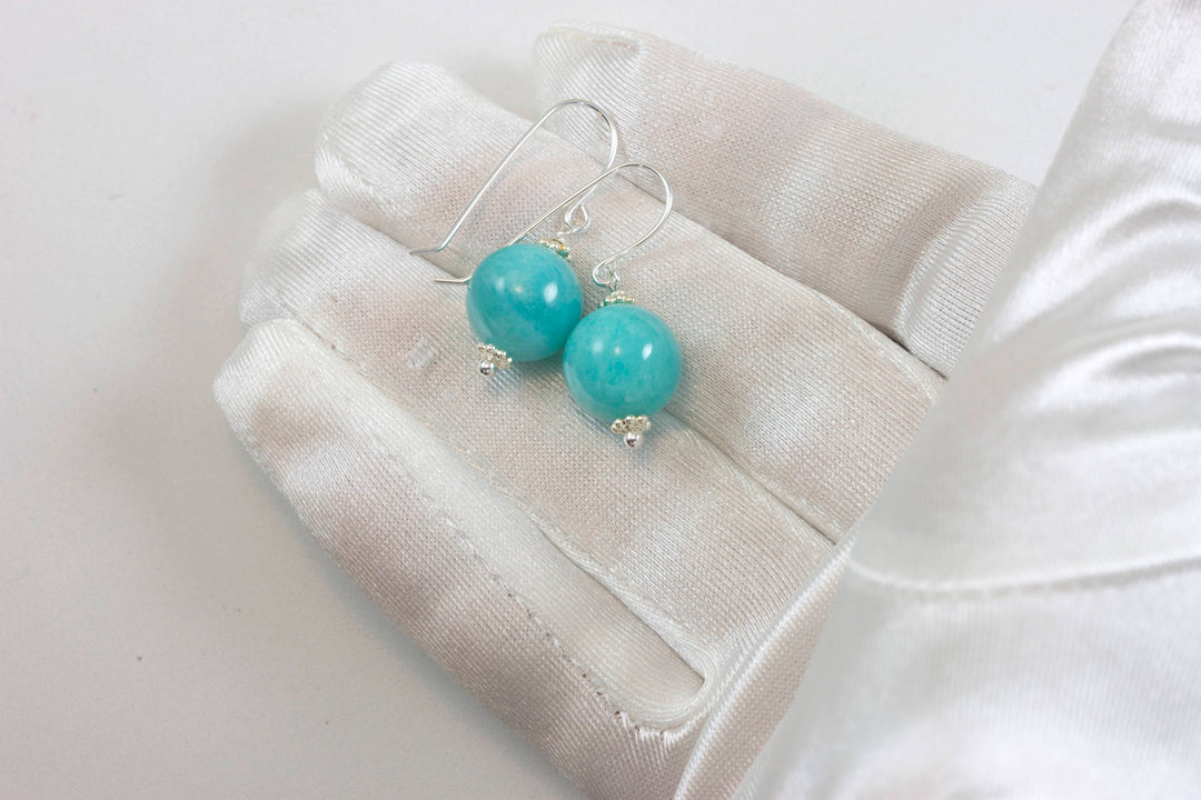 Amazonite Earrings Blue Green Smooth Round Sterling Silver or 14k Solid Gold or Filled Natural Accents Simple Casual Wear Spyglass Designs