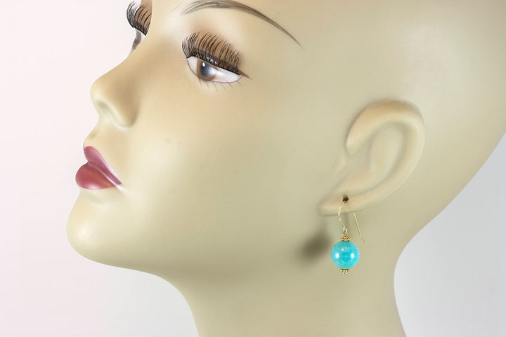 Amazonite Earrings Blue Green Smooth Round Sterling Silver or 14k Solid Gold or Filled Natural Accents Simple Casual Wear Spyglass Designs