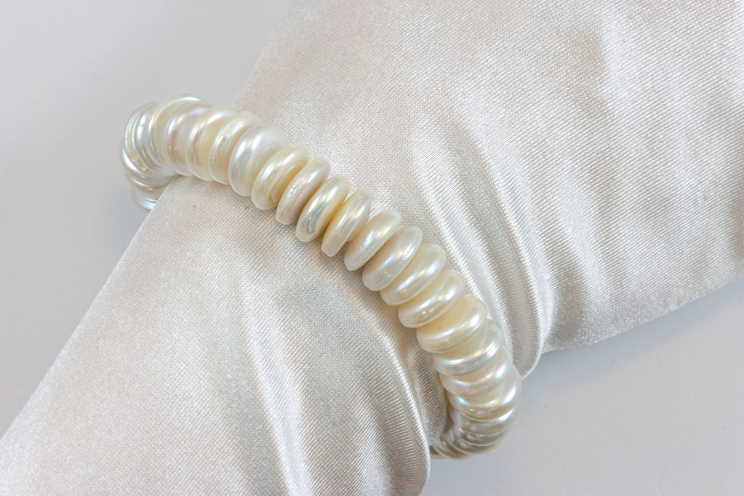 Button Pearl Bracelet White Adjustable 7 Inches Inch Simple Button Large High Luster Stretch Style Freshwater Cultured Pearls