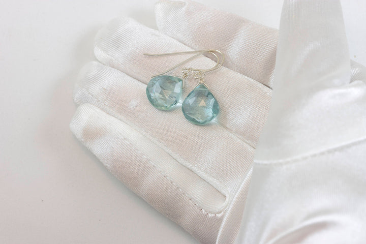 Aquamarine Earrings Simulated faceted Heart Drop Teardrop Sterling Silver or 14k Solid Gold or Filled Aqua Blue Simple Dainty Everyday Drops