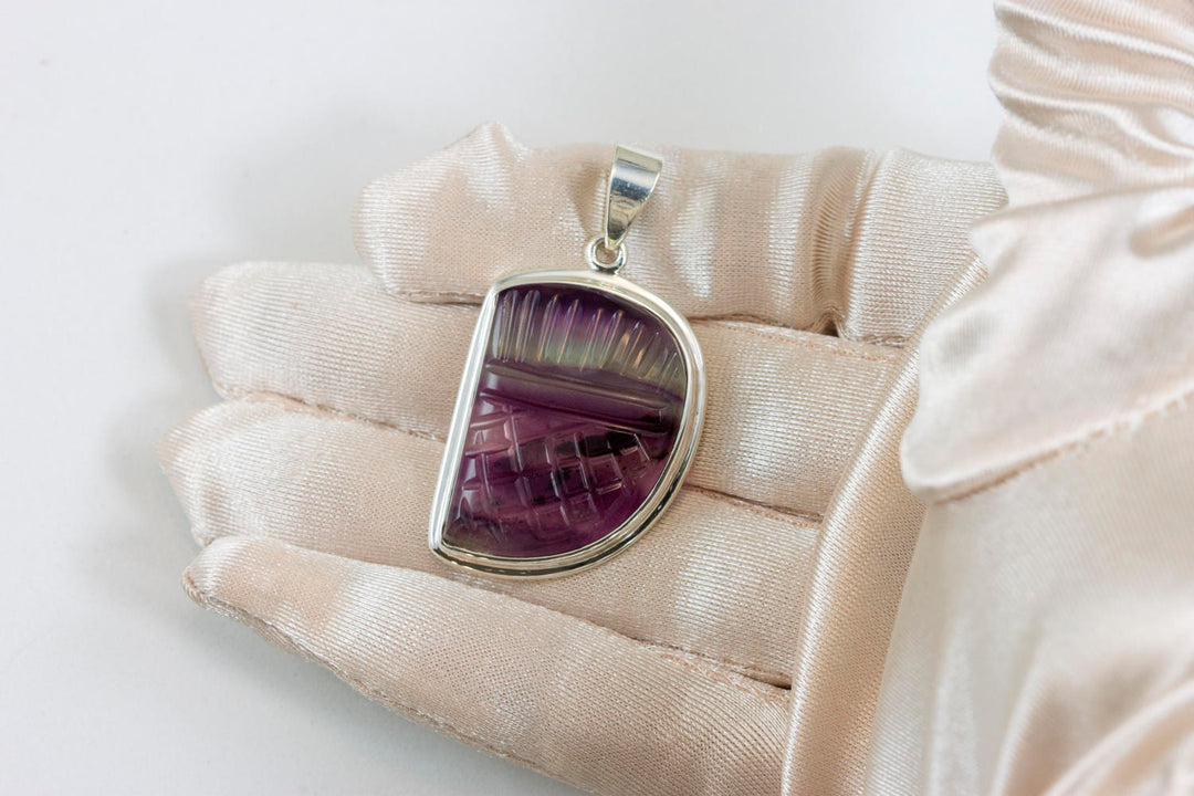 Fluorite Pendant Purple Teal Striped Large Necklace Pendent Bezel Set Natural Genuine  Contemporary Design AAA Rectangle Off Round