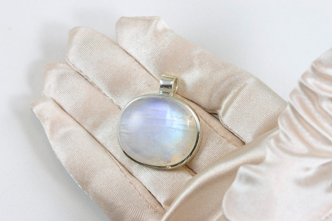 Blue Moonstone Pendant smooth Sterling Silver Square Cut Necklace Pendant Bezel Set Cabachon Simple Unique Design Natural Rainbow Oval