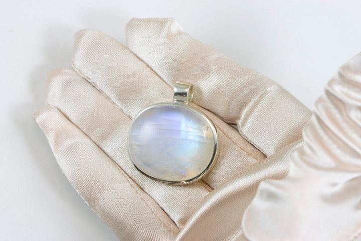 Blue Moonstone Pendant smooth Sterling Silver Square Cut Necklace Pendant Bezel Set Cabachon Simple Unique Design Natural Rainbow Oval