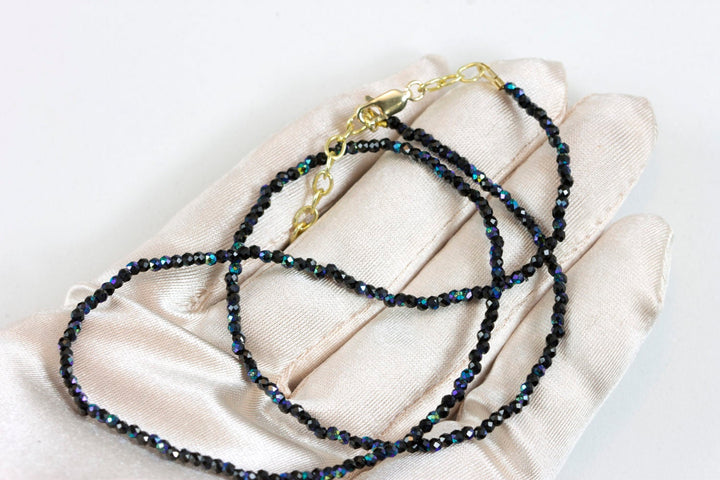 Black Spinel Necklace Sterling Silver or 14k Gold Filled 2 to 3mm 18 Inch Faceted AAA Solid Beaded Strand Natural Faceted Mystic Blue Finish