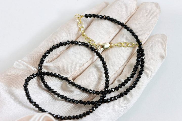 Black Spinel Necklace Sterling Silver or 14k Gold Filled  3mm 18 19 Inch Faceted AAA Solid Beaded Strand Natural Faceted Classic Simple