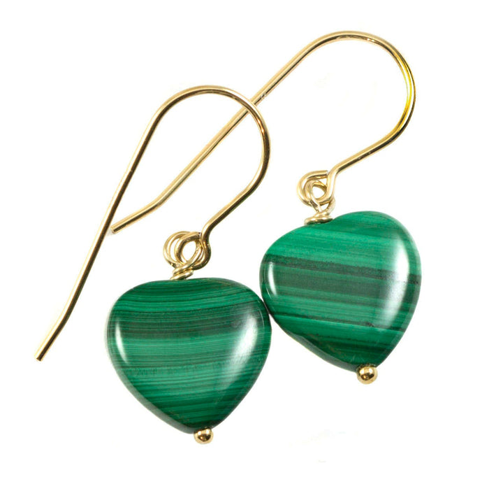 Malachite Earrings Green Heart shaped smooth Natural Dangle Drops Sterling Silver or 14k Solid Yellow Gold or Filled simple small dainty