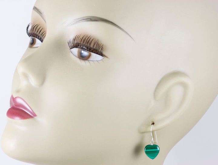 Malachite Earrings Green Heart shaped smooth Natural Dangle Drops Sterling Silver or 14k Solid Yellow Gold or Filled simple small dainty