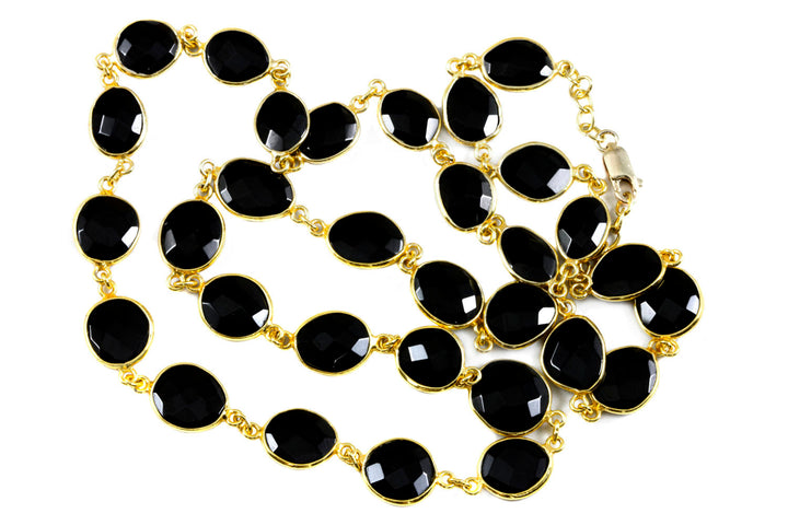Black Onyx Necklace Bezel Set Stones Off Round Off Oval 26 Inch 14k Gold Filled Large Classic Versatile Design Lobster Clasp