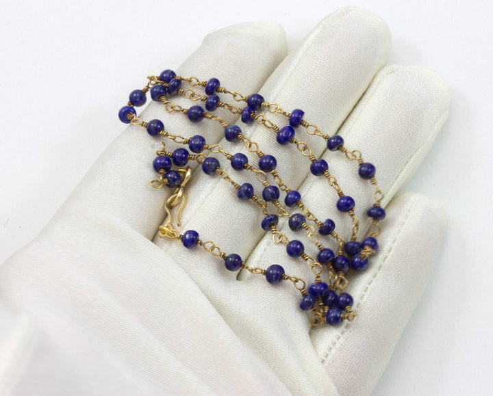 Lapis Lazuli Blue Necklace Natural Smooth Spaced Link  Beaded 14k Gold Fill 18 19 Inches Simple Design Everyday Wear Round Small Dainty