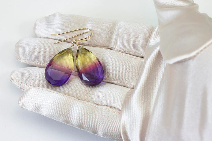Bicolor Simulated Tourmaline Earrings Faceted Large Fat Bi Color Teardrop Yellow Pink Purple Sterling Silver or 14k Gold or Filled Drops - Spyglass Designs