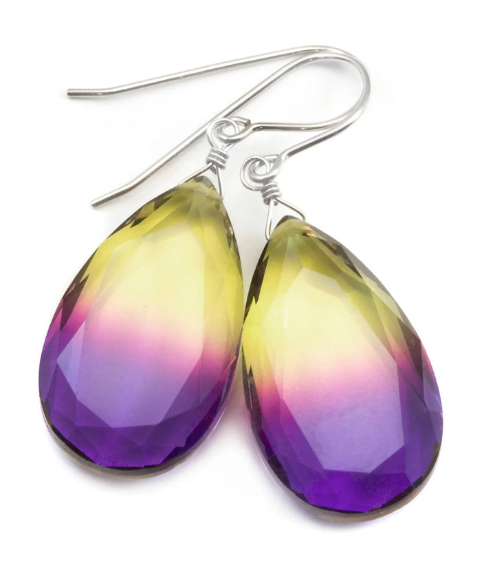 Bicolor Simulated Tourmaline Earrings Faceted Large Fat Bi Color Teardrop Yellow Pink Purple Sterling Silver or 14k Gold or Filled Drops - Spyglass Designs