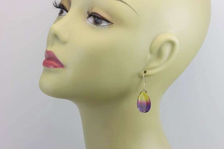 Bicolor Simulated Tourmaline Earrings Faceted Large Fat Bi Color Teardrop Yellow Pink Purple Sterling Silver or 14k Gold or Filled Drops - Spyglass Designs