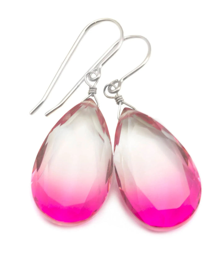 Watermelon Bicolor Simulated Tourmaline Earrings Faceted Large Fat Bi Color Teardrop Pink Sterling Silver or 14k Gold or Filled Drops - Spyglass Designs